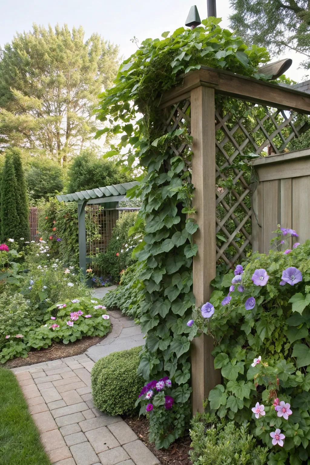 Climbing plants turn screens into lush green walls.