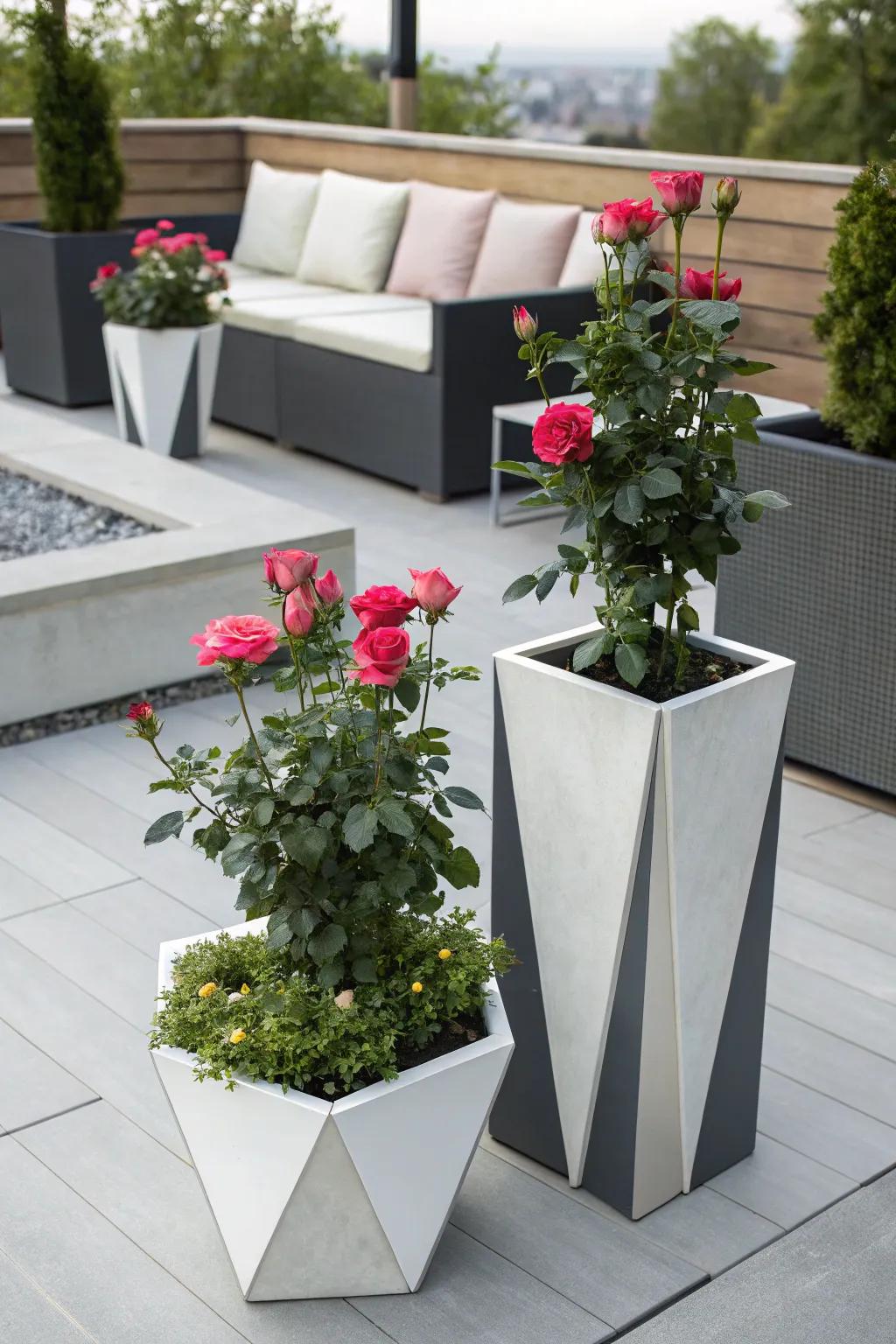 Modern geometric pots complementing the roses.