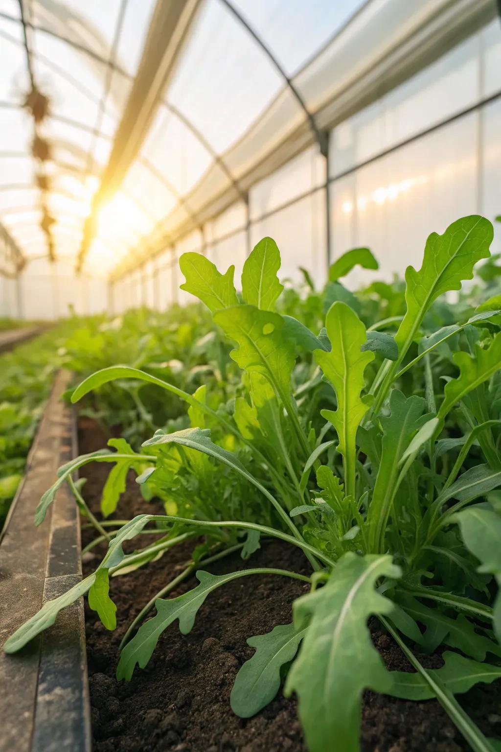 Peppery arugula flourishing in a greenhouse, perfect for adding zest to meals.