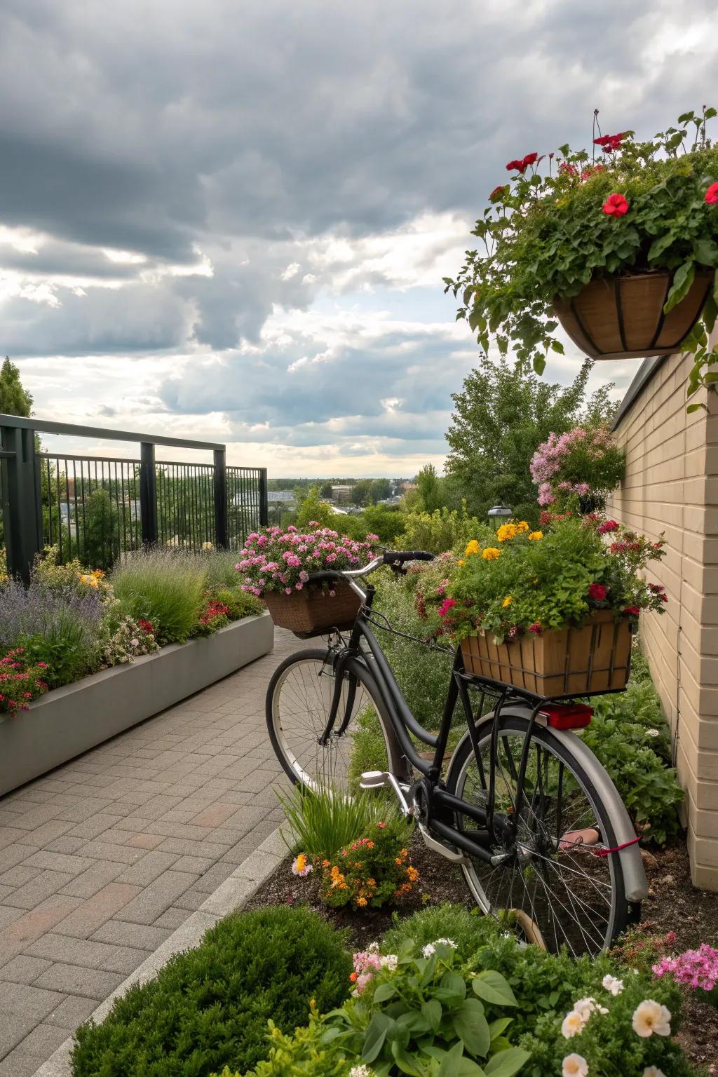 Maximize space with hanging baskets on your bicycle planter.