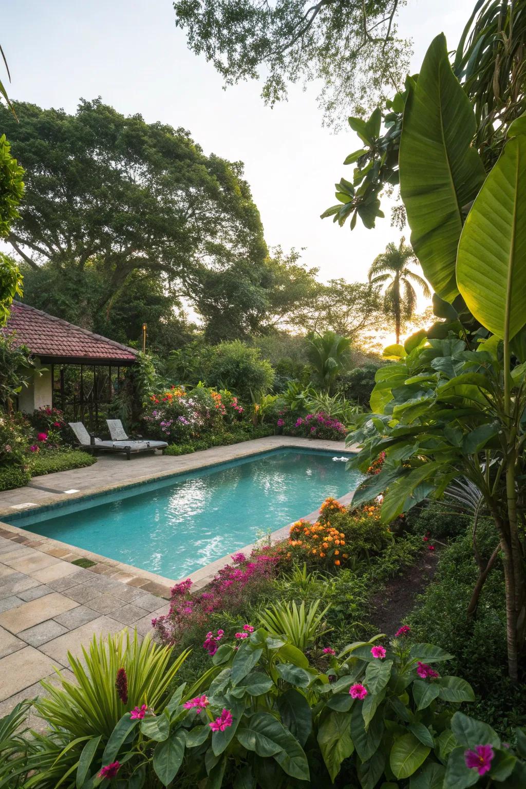 Create a serene escape with lush poolside landscaping.