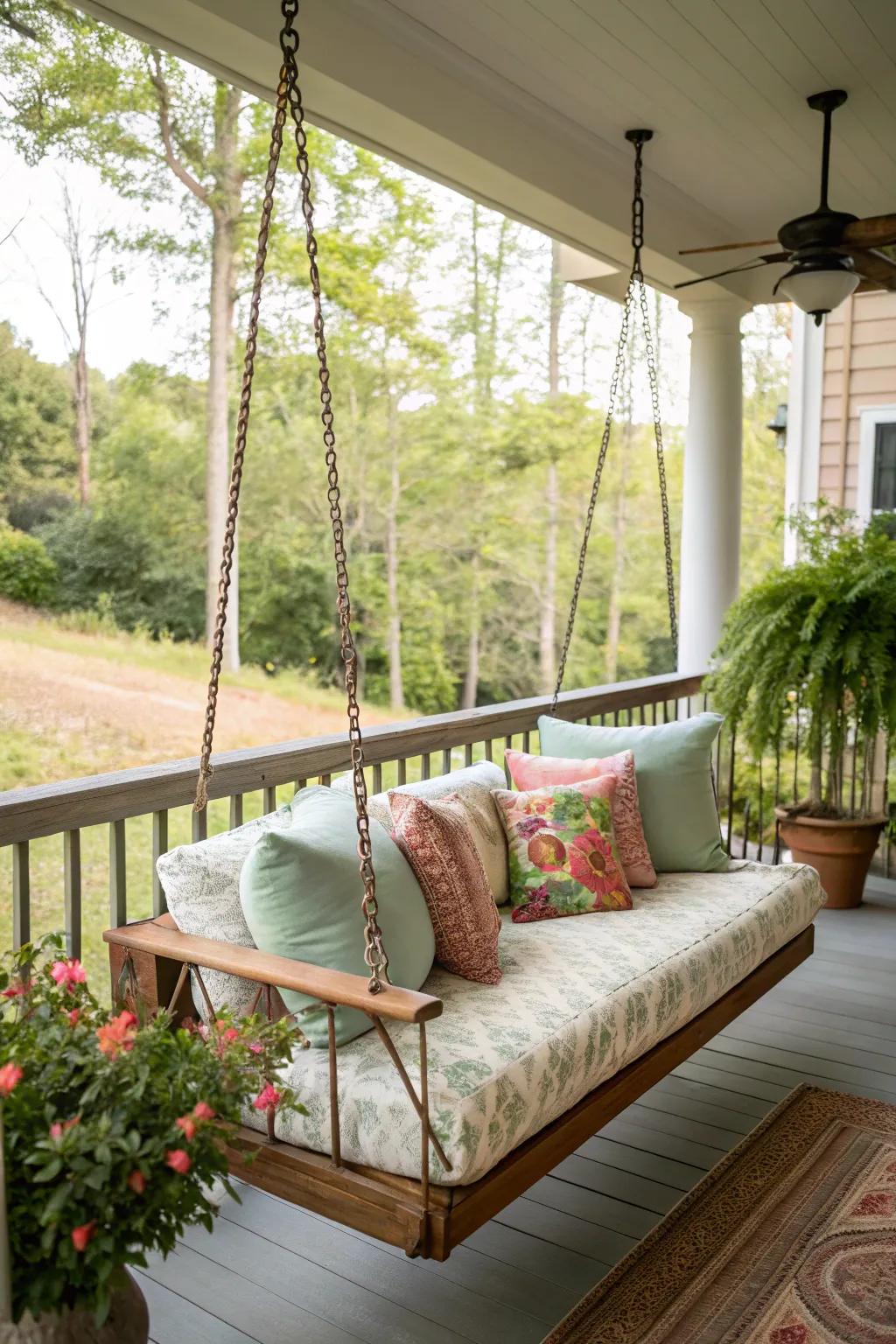 A porch swing adds charm and comfort.