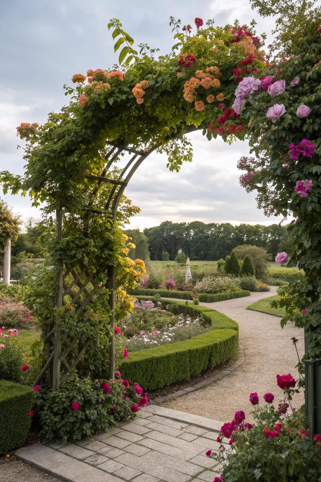 A vine-covered arch adds charm and a touch of whimsy to your garden.