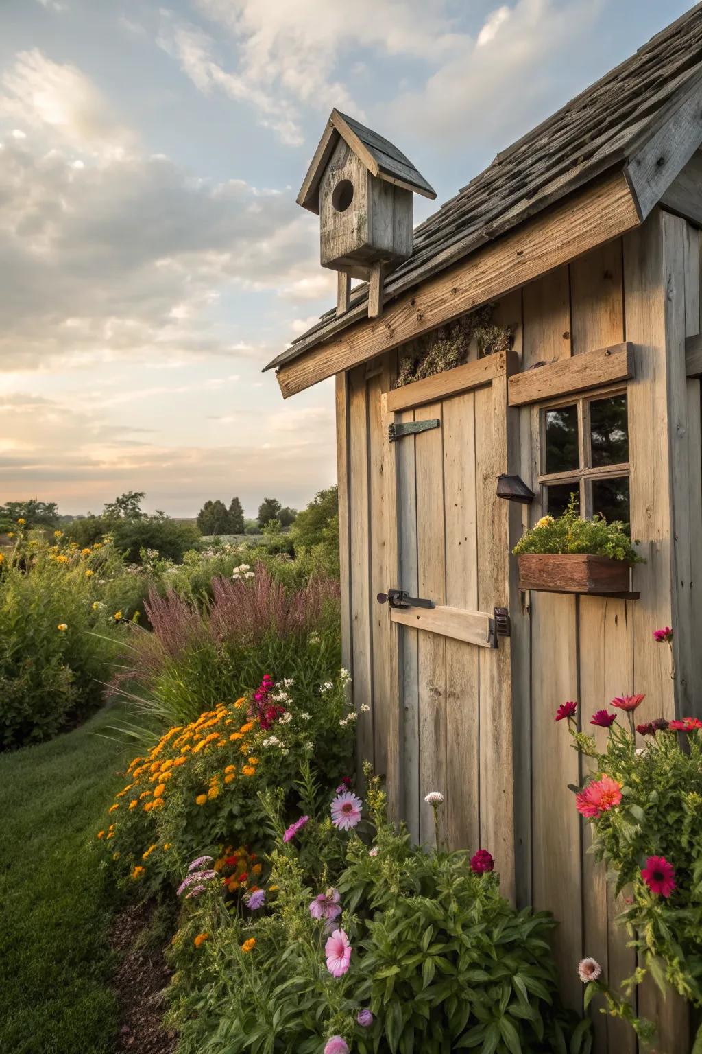 A shed-mounted birdhouse blends beauty with practicality.