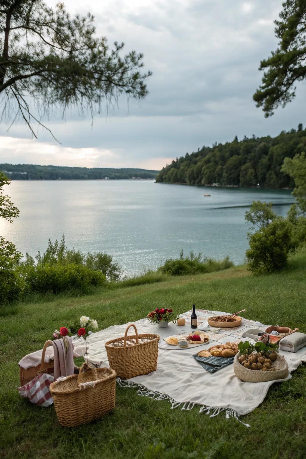 A serene lakeside picnic with a view of the water.