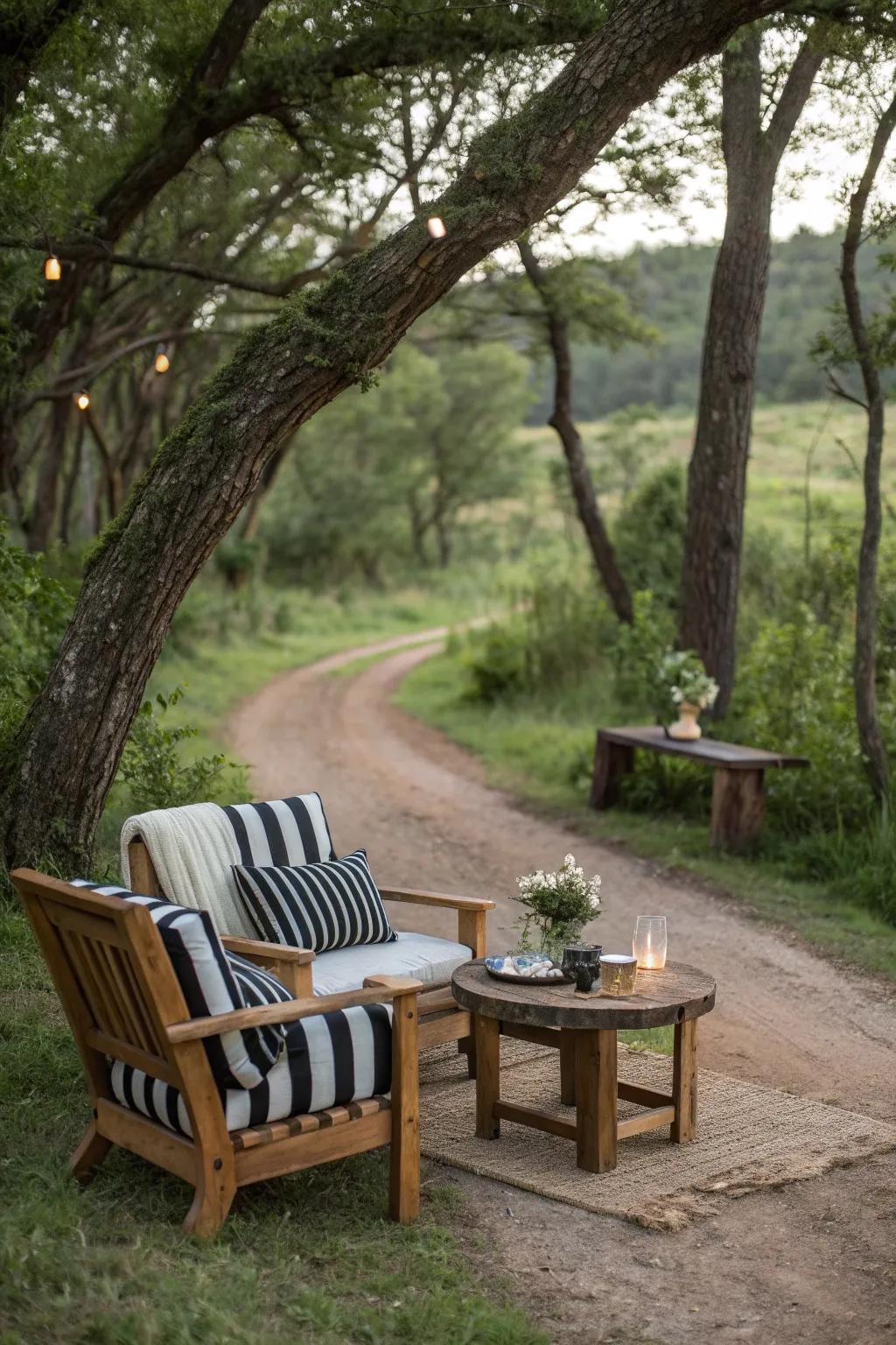 A stunning blend of rustic and modern with striped cushions.