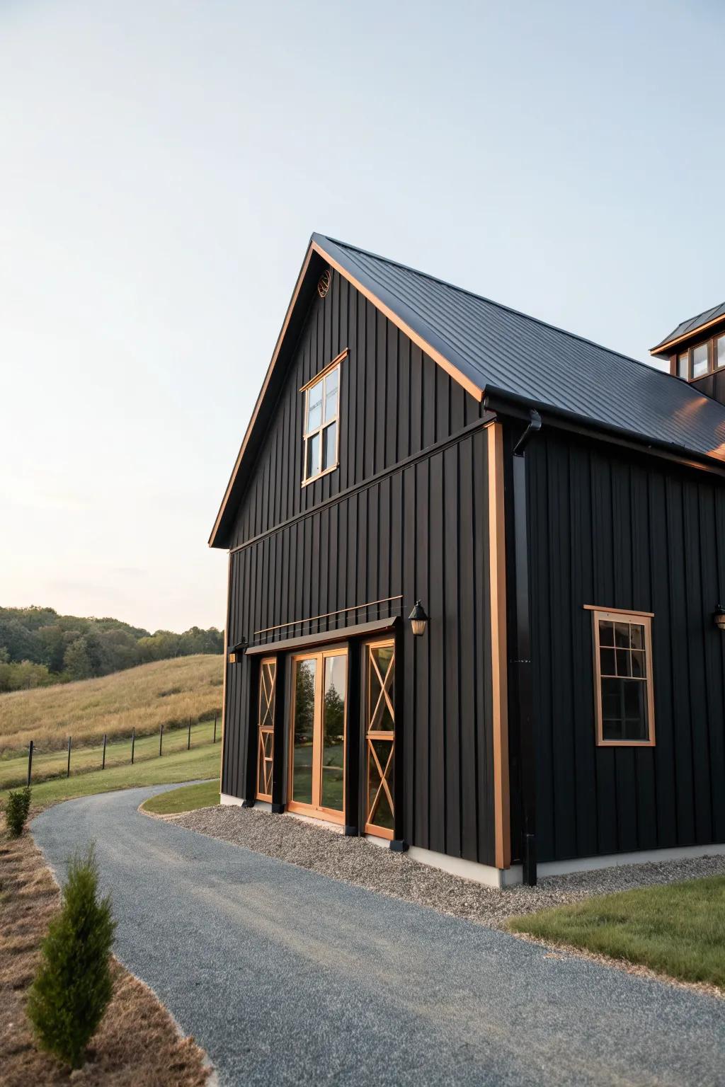 A black barn featuring elegant copper accents.