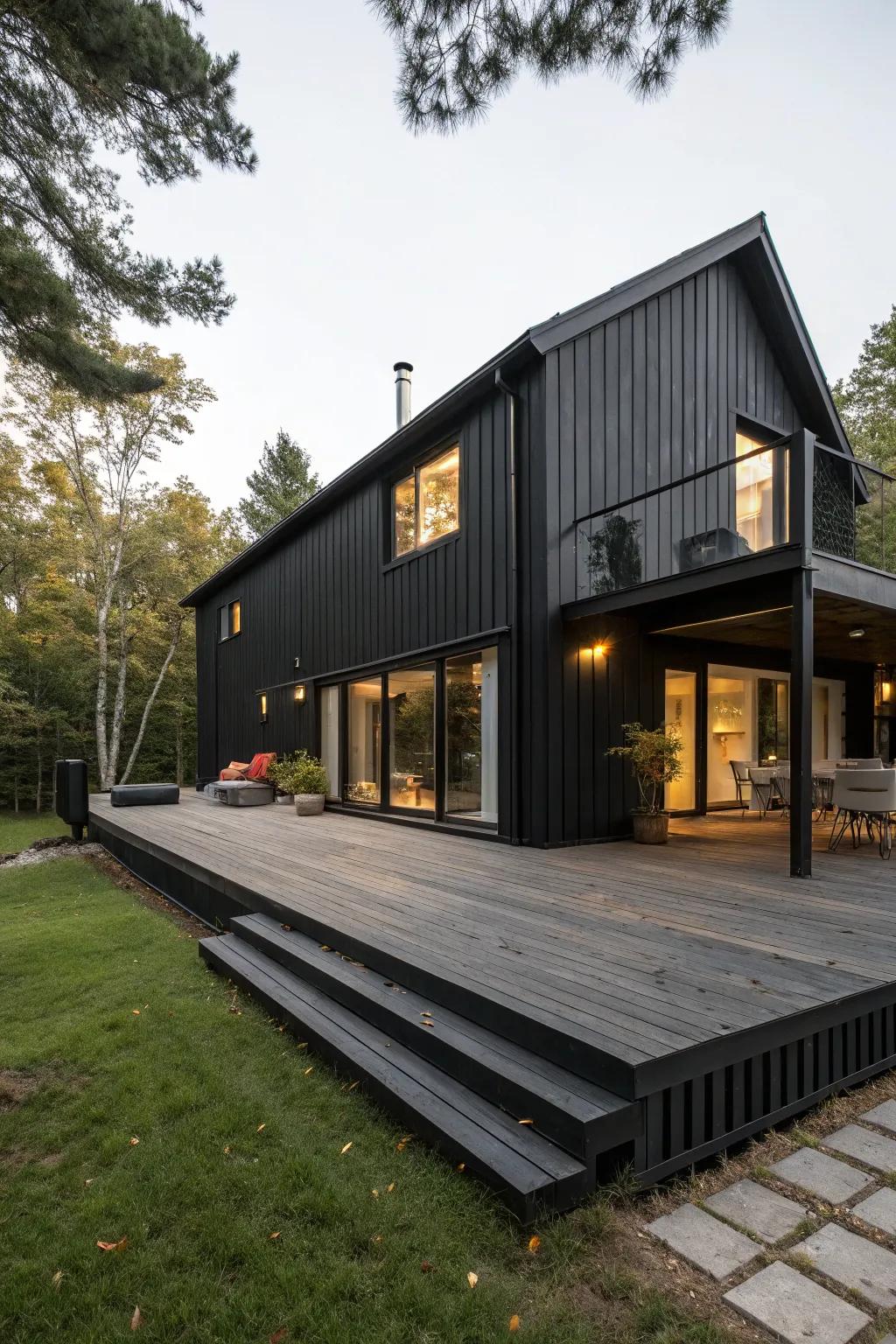 A bold deck extends the living space of a black house.