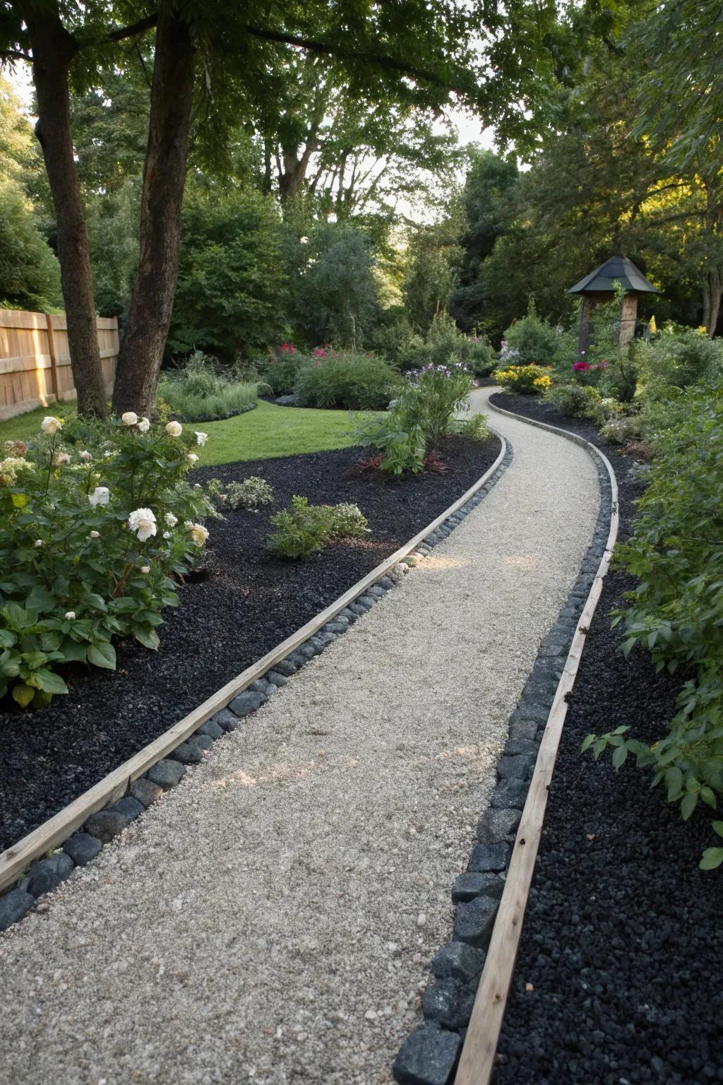 Defined garden walkways with gravel and black mulch.