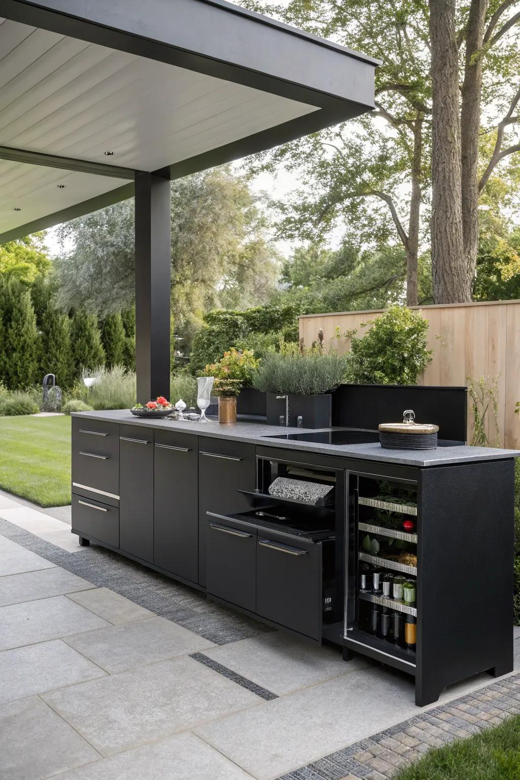 Hidden storage keeps the outdoor kitchen organized and sleek.