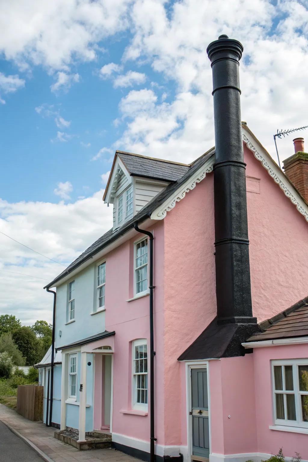 A black chimney provides a bold contrast to pastel siding.