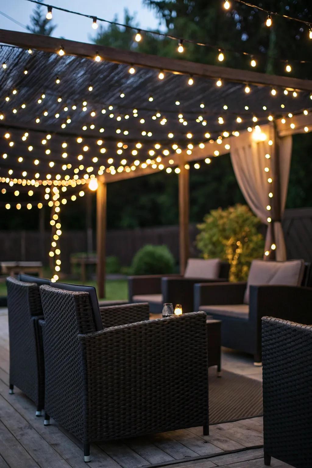 String lights create a magical atmosphere on a black patio.
