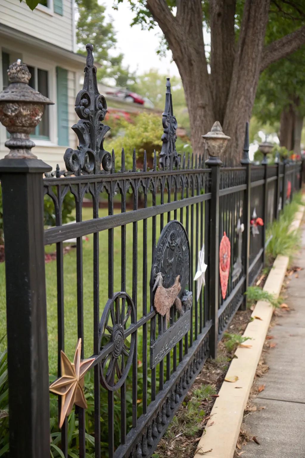Sculptural elements add drama to a black fence.