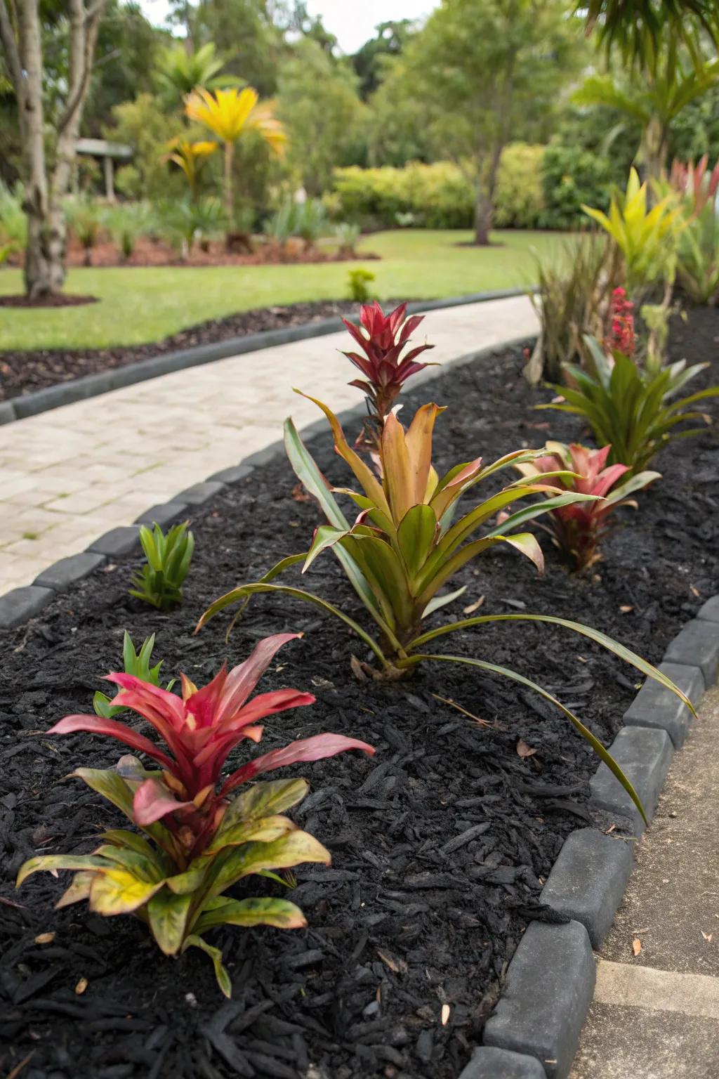 Exotic plants thriving against the backdrop of black rubber mulch.