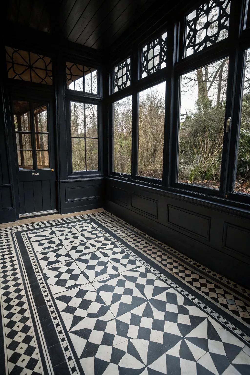 Bold floor patterns make a stunning statement in a black sunroom.