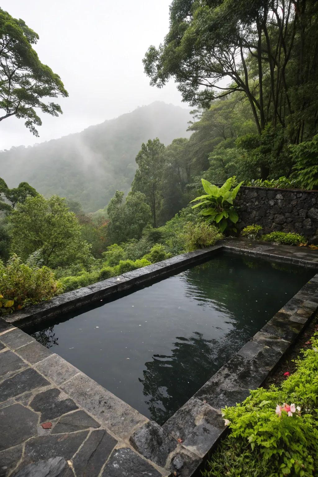Dark stone surrounds give this pool a natural and cohesive look.