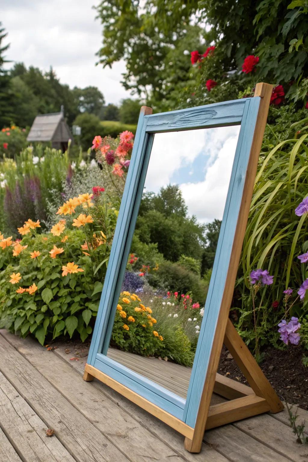 Reflective garden mirror in a blue frame