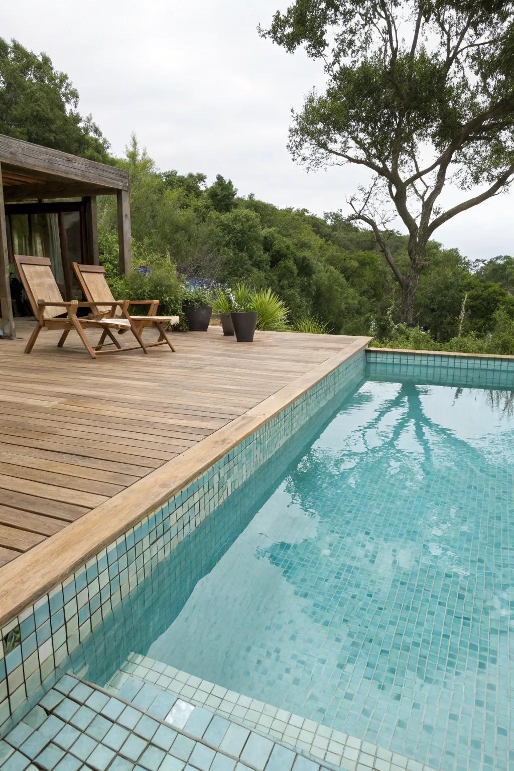 Light blue tiles offer a refreshing poolside retreat.