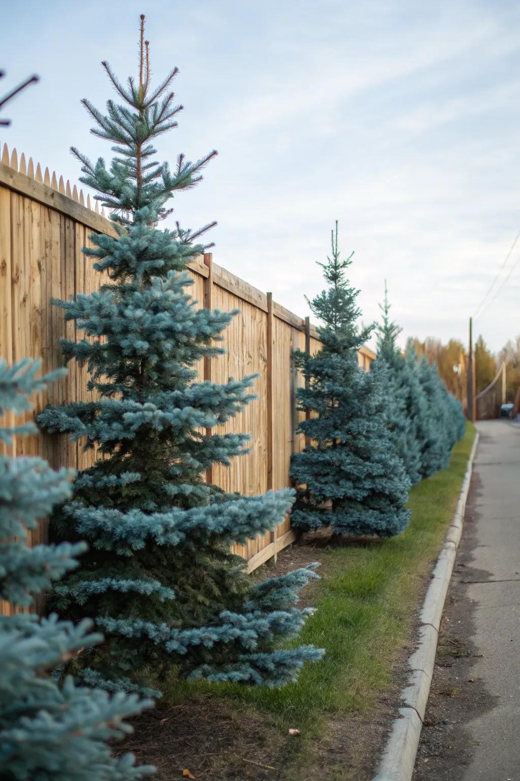 Blue spruce trees soften and enhance fence lines beautifully.
