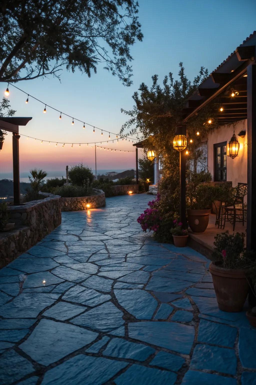 Enchanted evenings with a lit-up blue stone patio