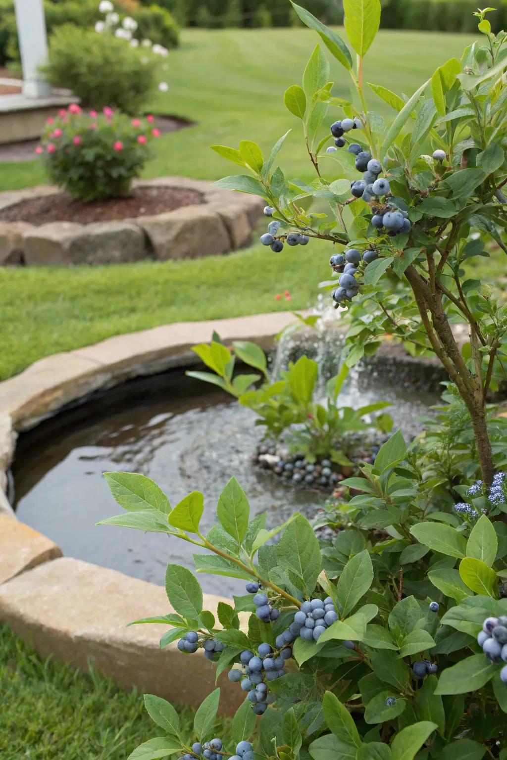 A calming water feature embraced by blueberry plants.