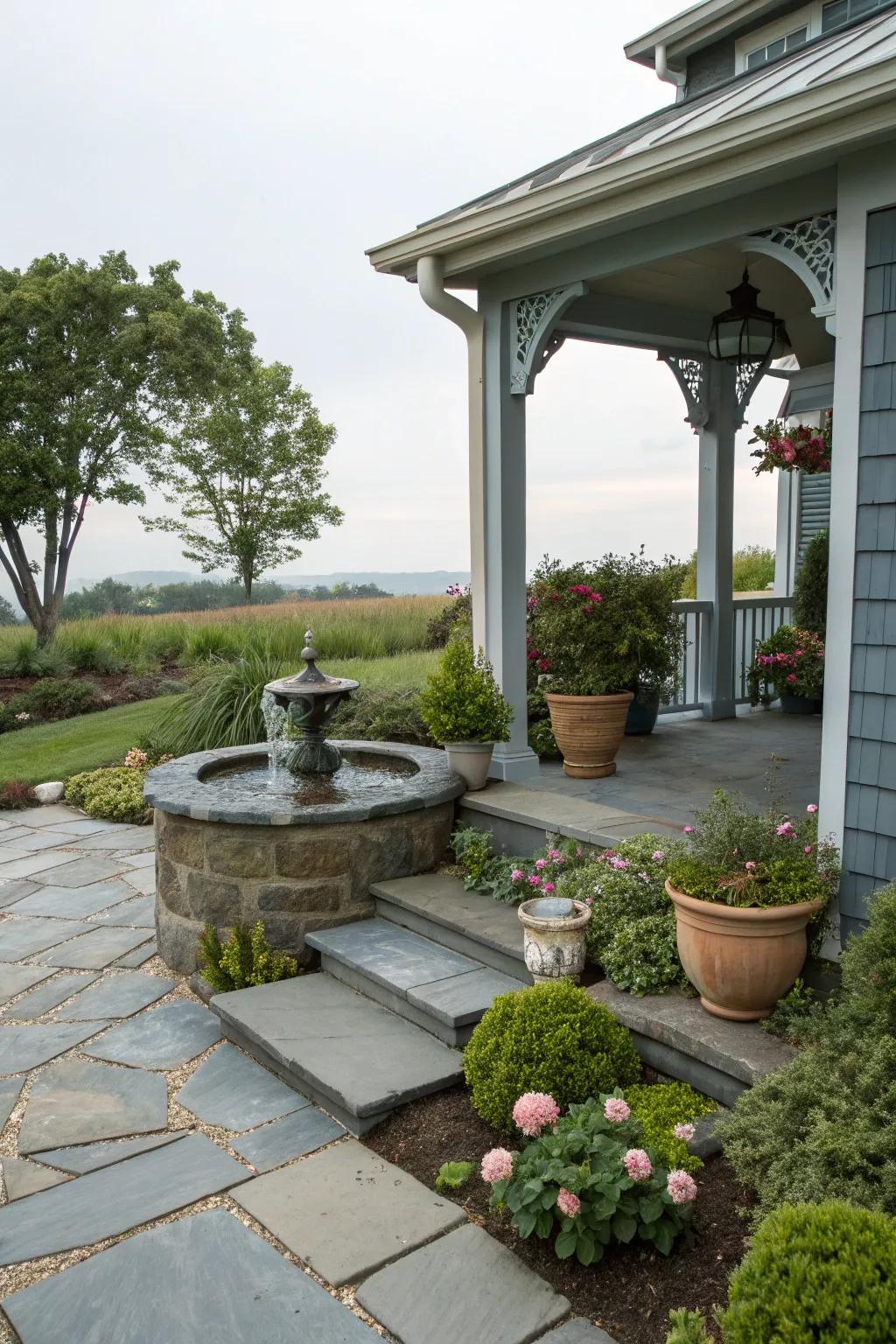 A calming bluestone porch with a water feature.