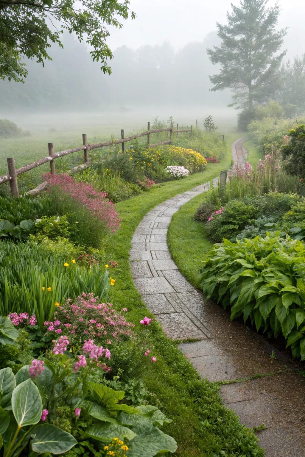 A winding pathway creates an inviting route through a bog garden.