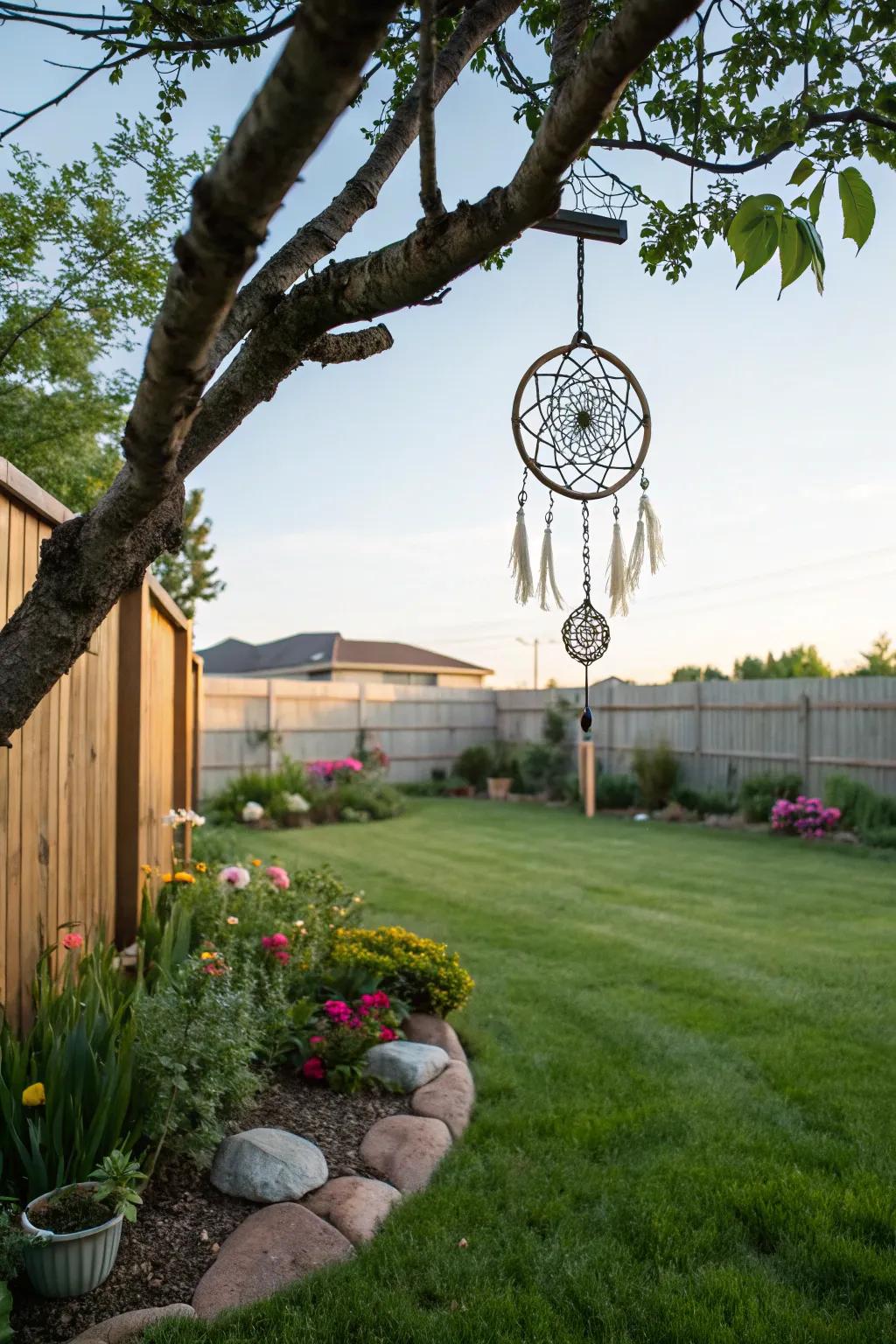 A dreamcatcher adds a whimsical and peaceful touch.