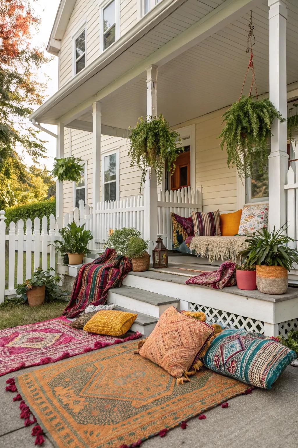 Bold throw pillows add a pop of color to your bohemian porch.