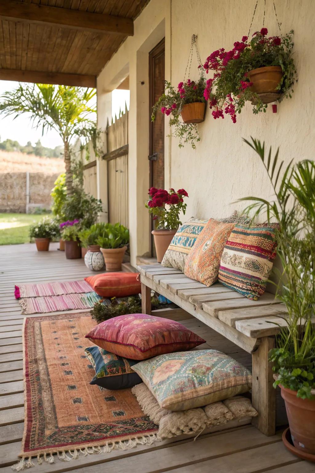 Layered rugs adding comfort and style to a Boho porch setting.