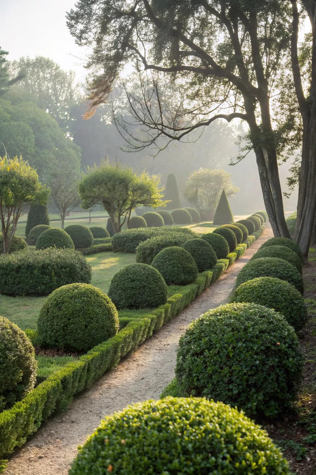 Create garden harmony with repeated boxwood motifs.