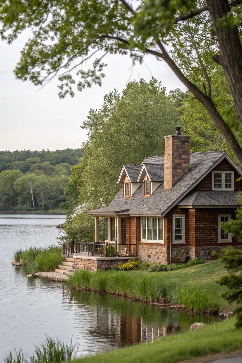 Elegant brick with shingle siding for a coastal retreat.