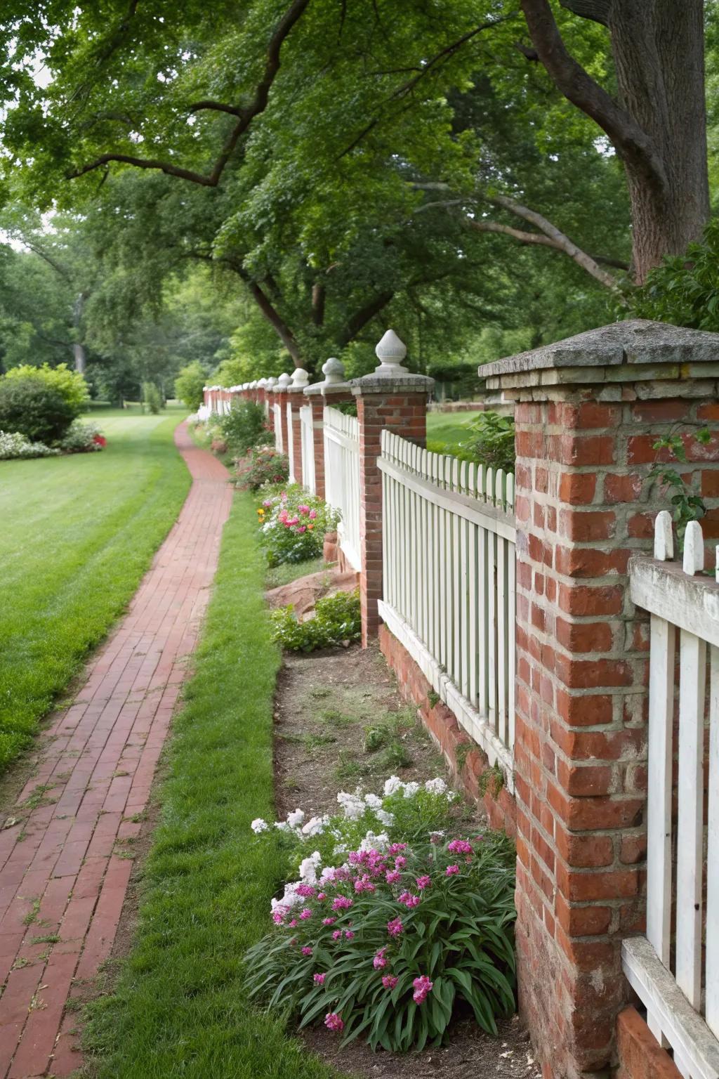 A timeless fence with classic red brick and white wood
