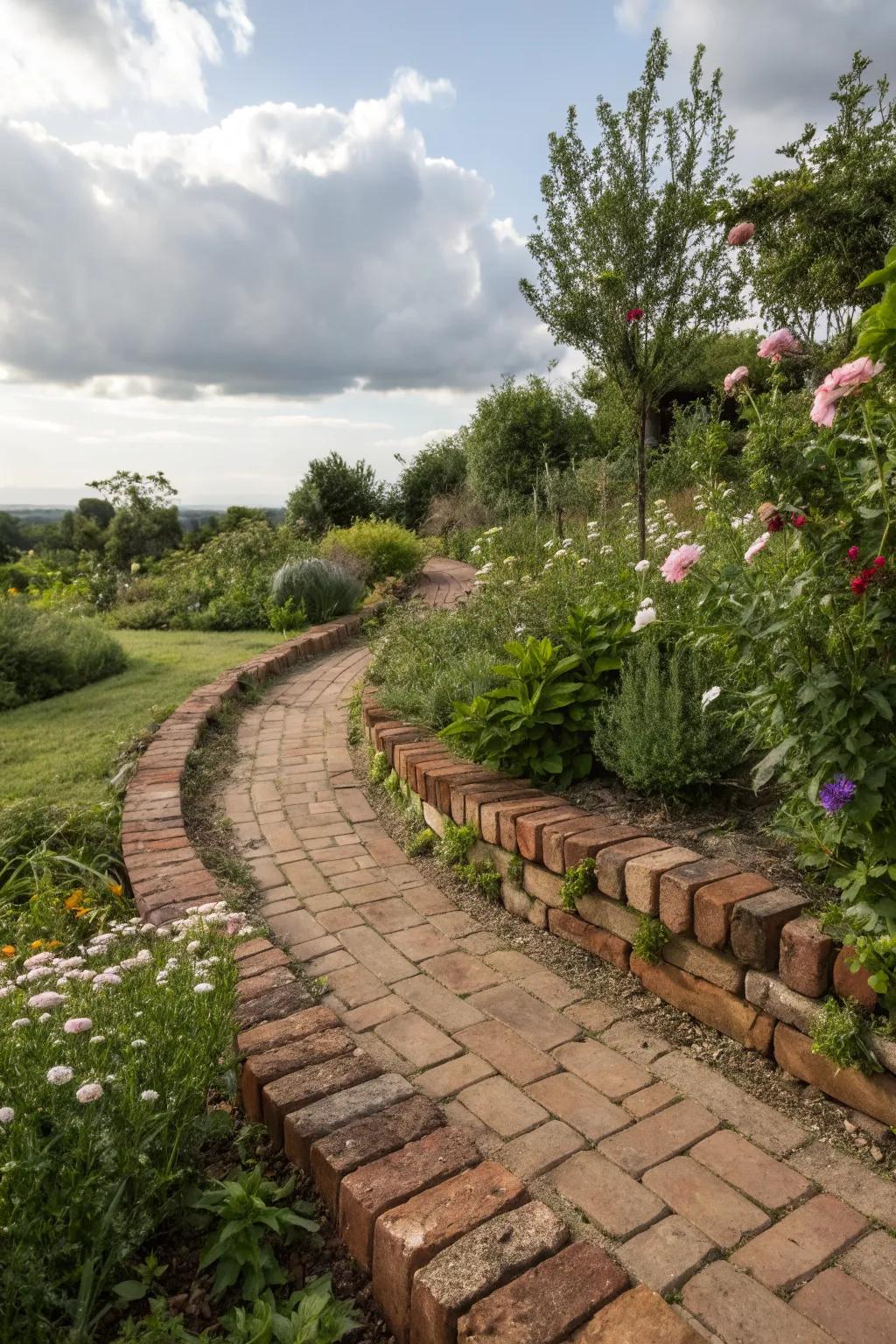 Recycled bricks provide a sustainable and rustic garden edge.
