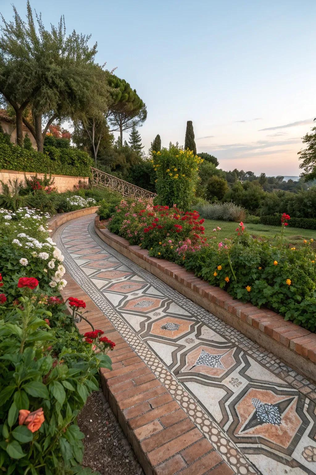Mosaic brick patterns create unique garden art.