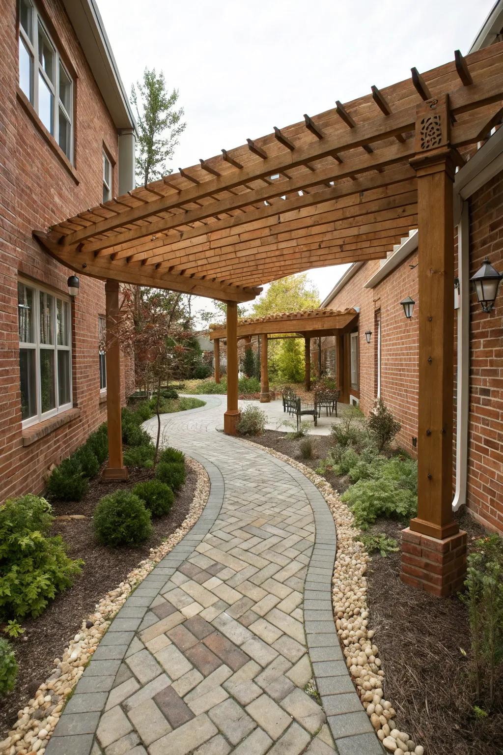 Natural elements like wood and stone enhance the courtyard.