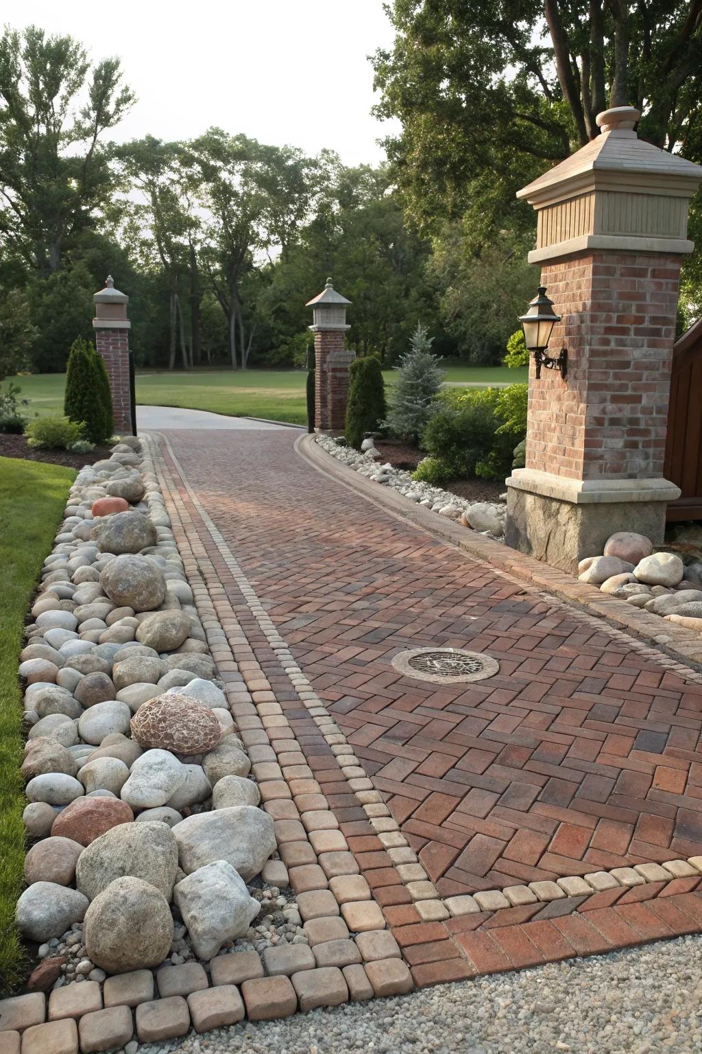 A mix of brick and stone creating a dynamic driveway entrance.