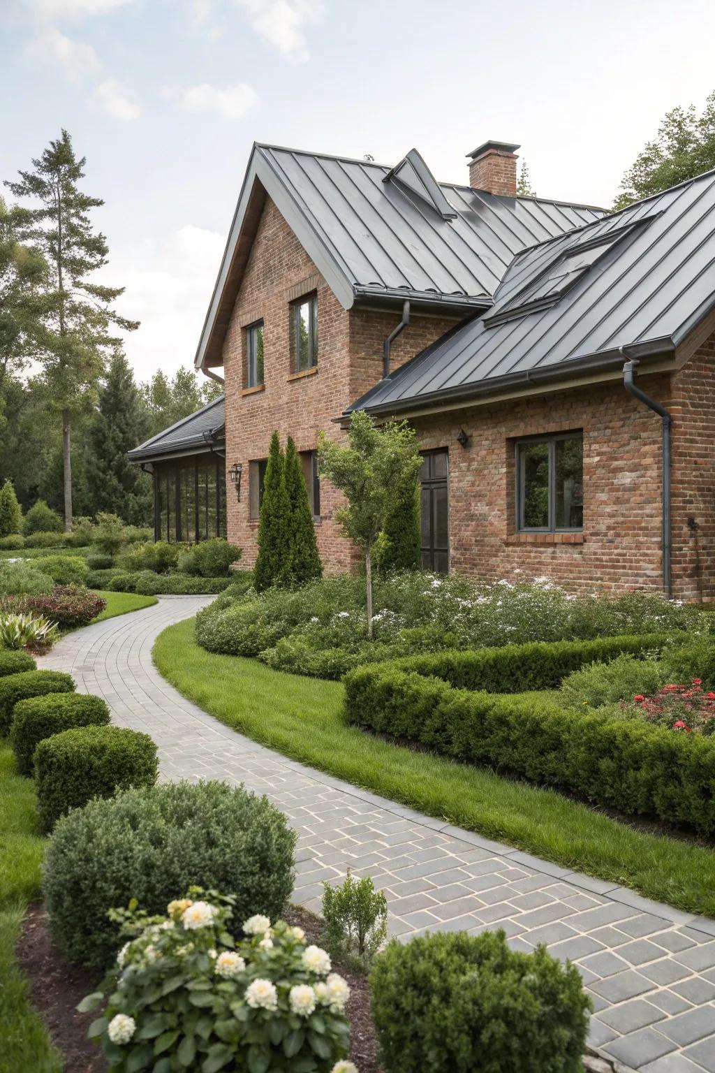 Metal roofing provides a sleek contrast to brick exteriors.