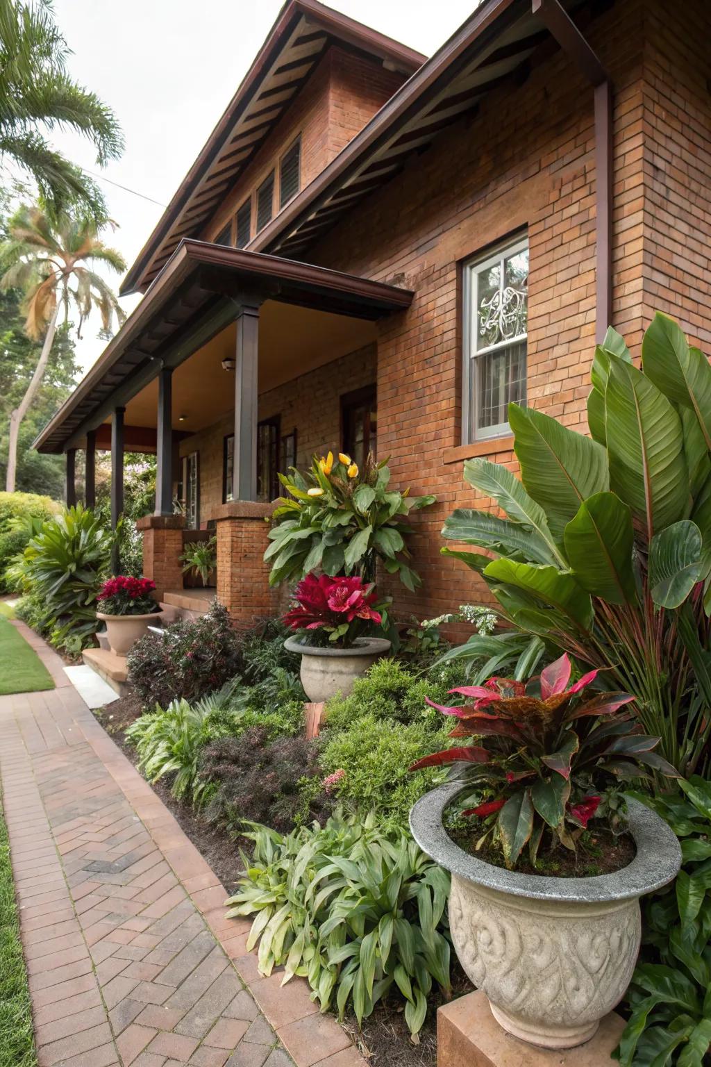 Planters filled with tropical plants enliven brick exteriors