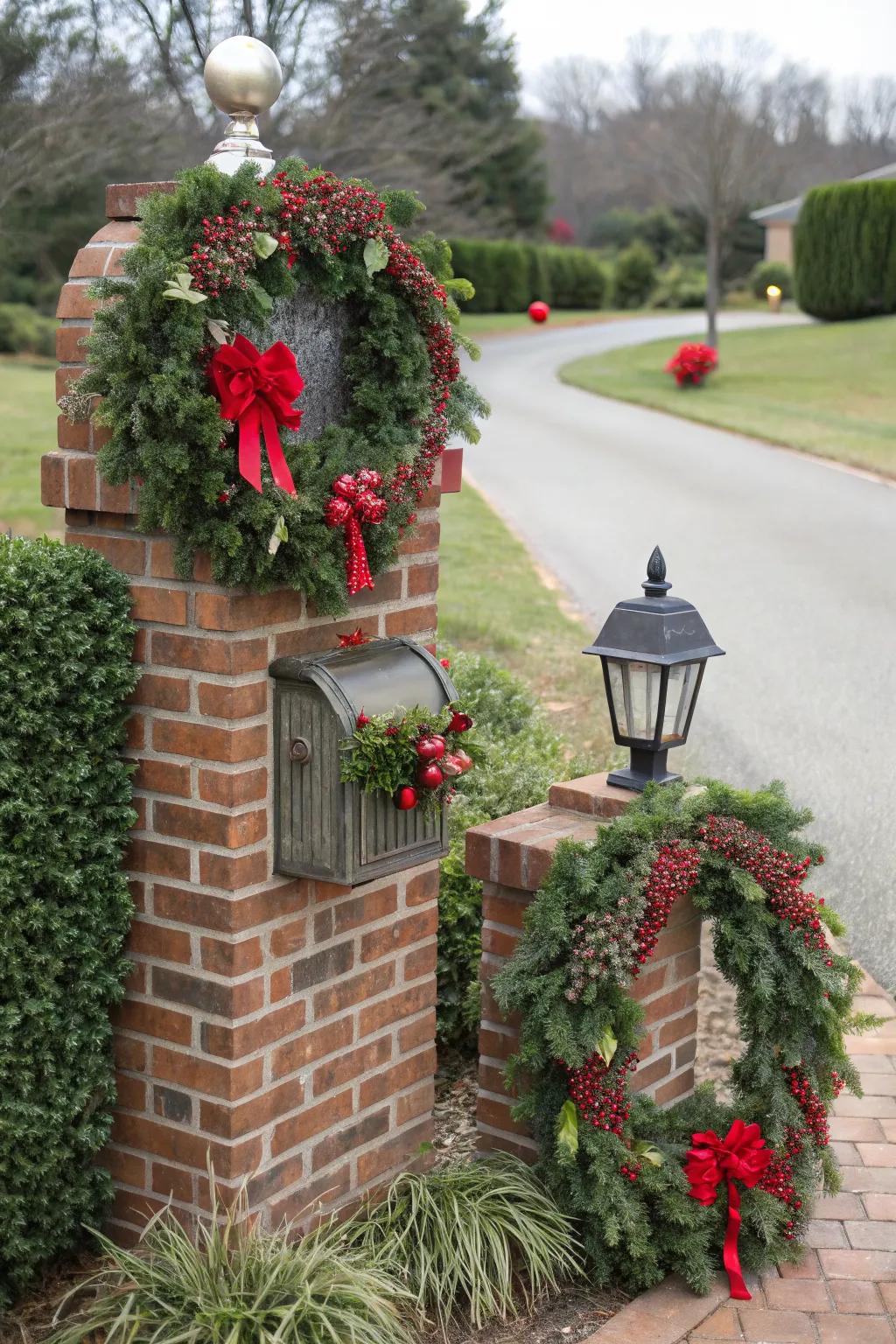 Seasonal decor adds a festive touch to this brick mailbox.