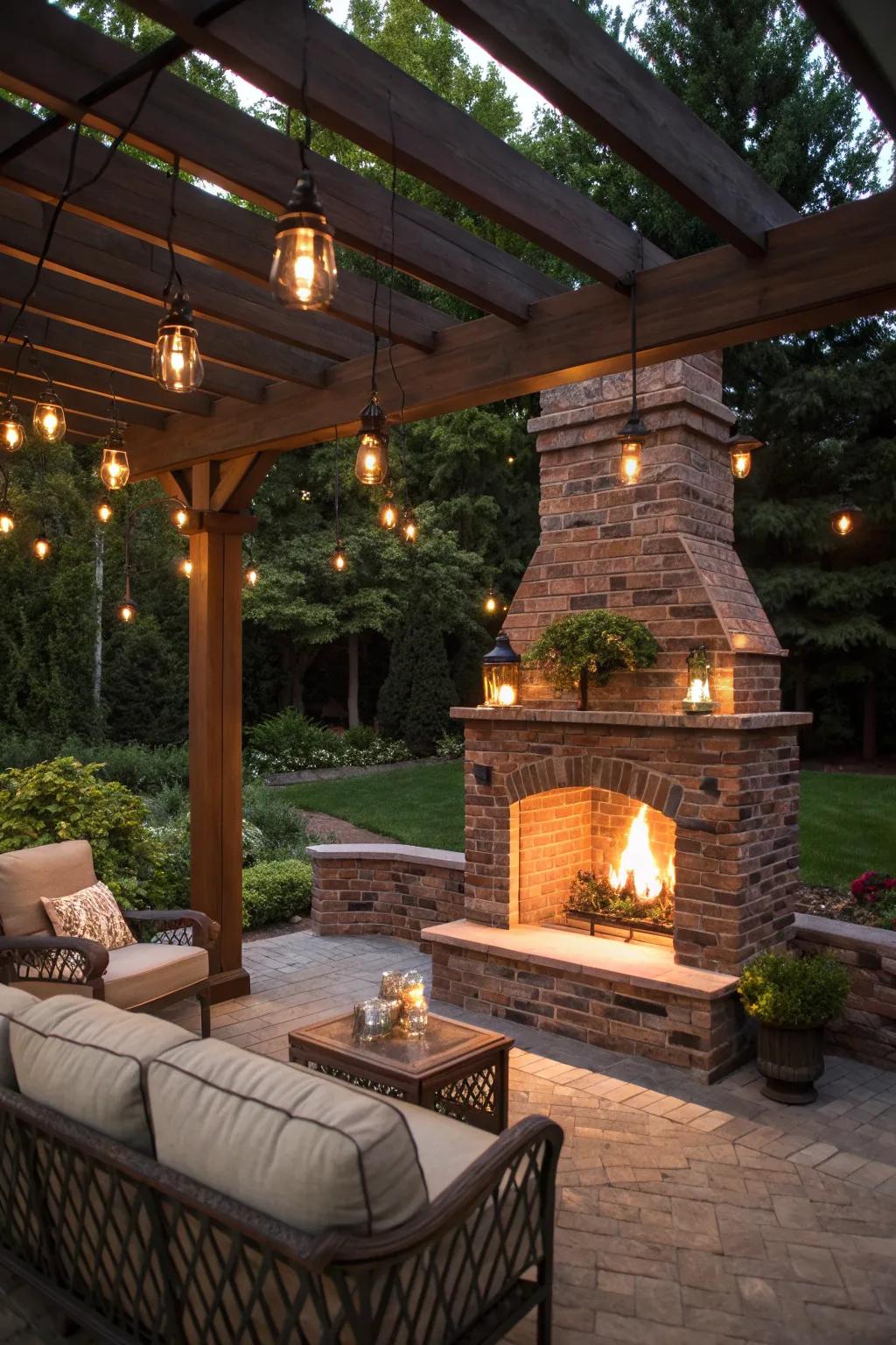 A brick fireplace with a pergola creates a cozy outdoor room.