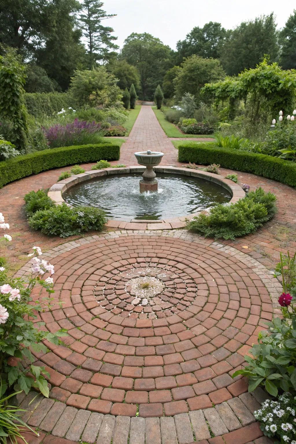 A garden water feature area featuring a radial brick paver pattern.