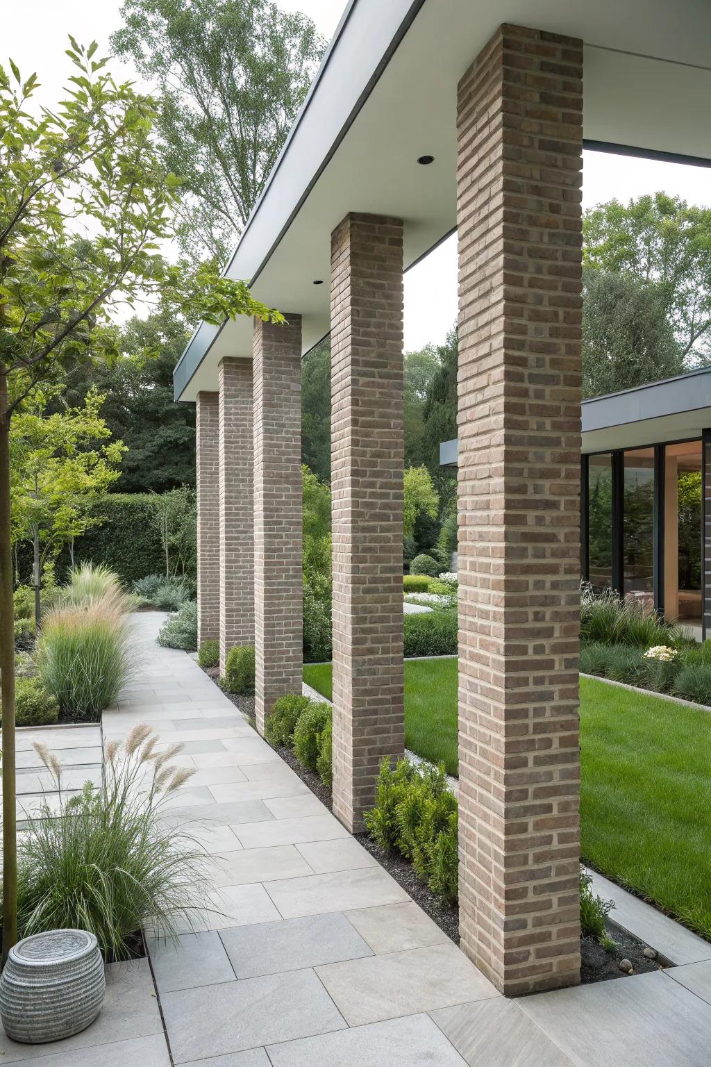 Sleek brick pillars with a minimalistic design, enhancing a modern garden.