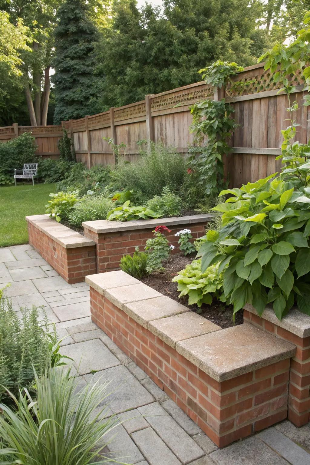 A cozy seating area integrated into brick planters.
