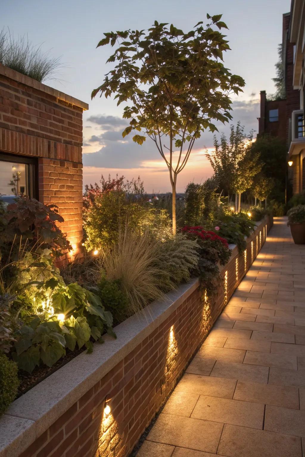 Ambient lighting on a brick planter wall, creating a serene evening atmosphere.