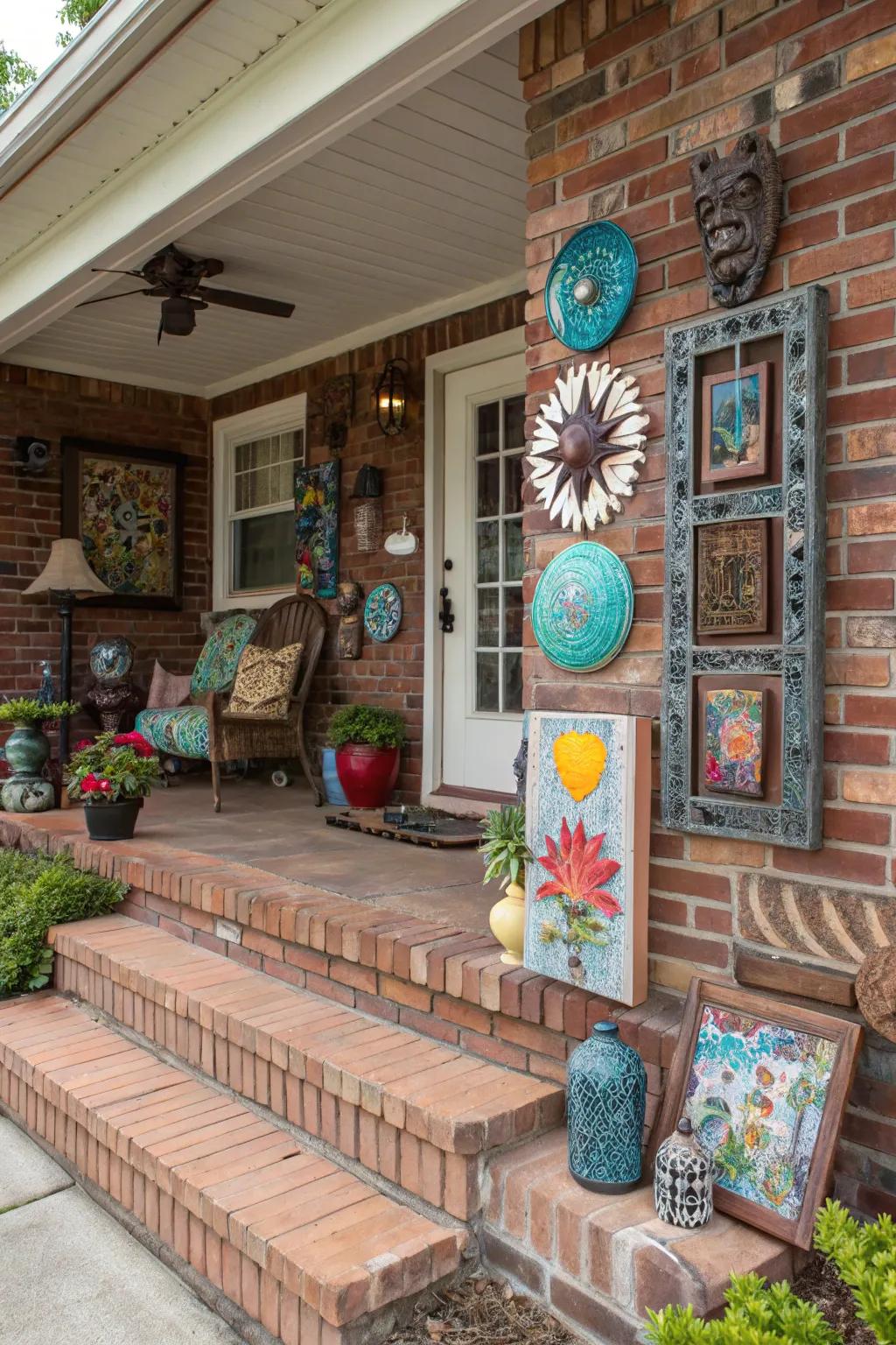 Personalized art on a brick porch.