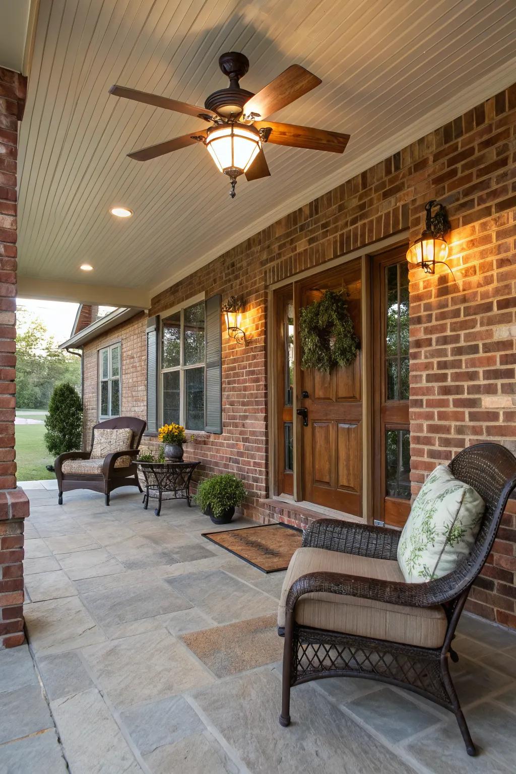 A ceiling fan adds comfort and functionality to the porch.