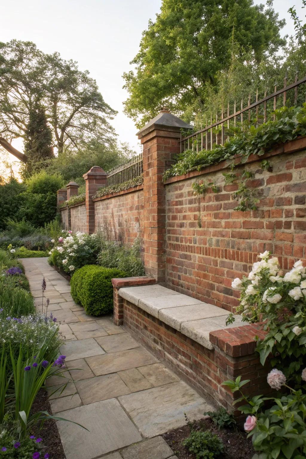 Maximize space with integrated seating in your brick fence.