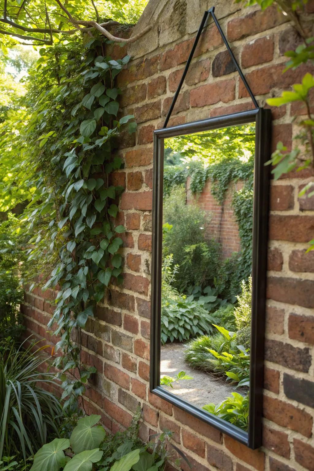 A mirror on a brick wall enhances garden space.
