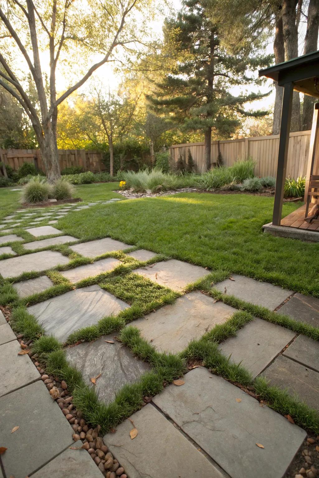 Mixing materials like stone and grass creates a visually appealing and tactile experience.